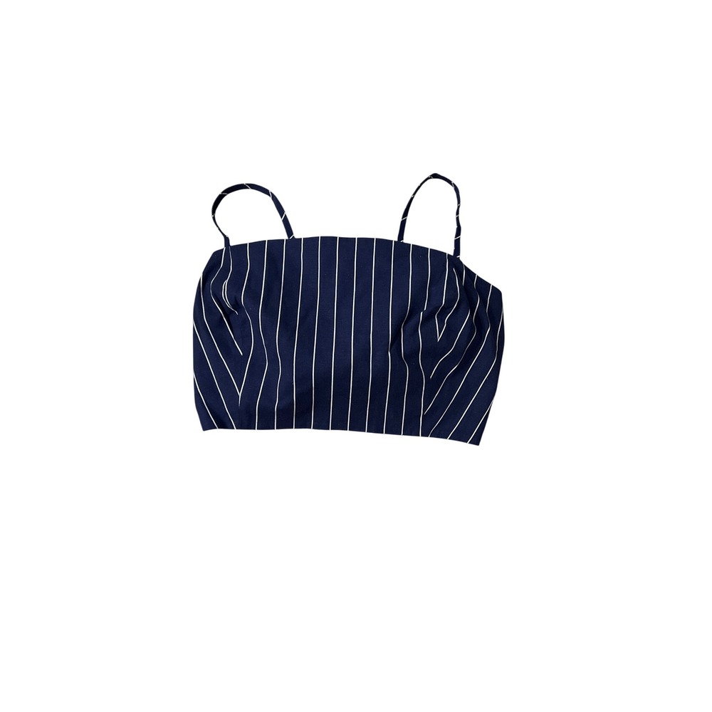 WAYF Navy  Blue Pinstripe Tie Back Crop Top Linen Blend Spaghetti Strap